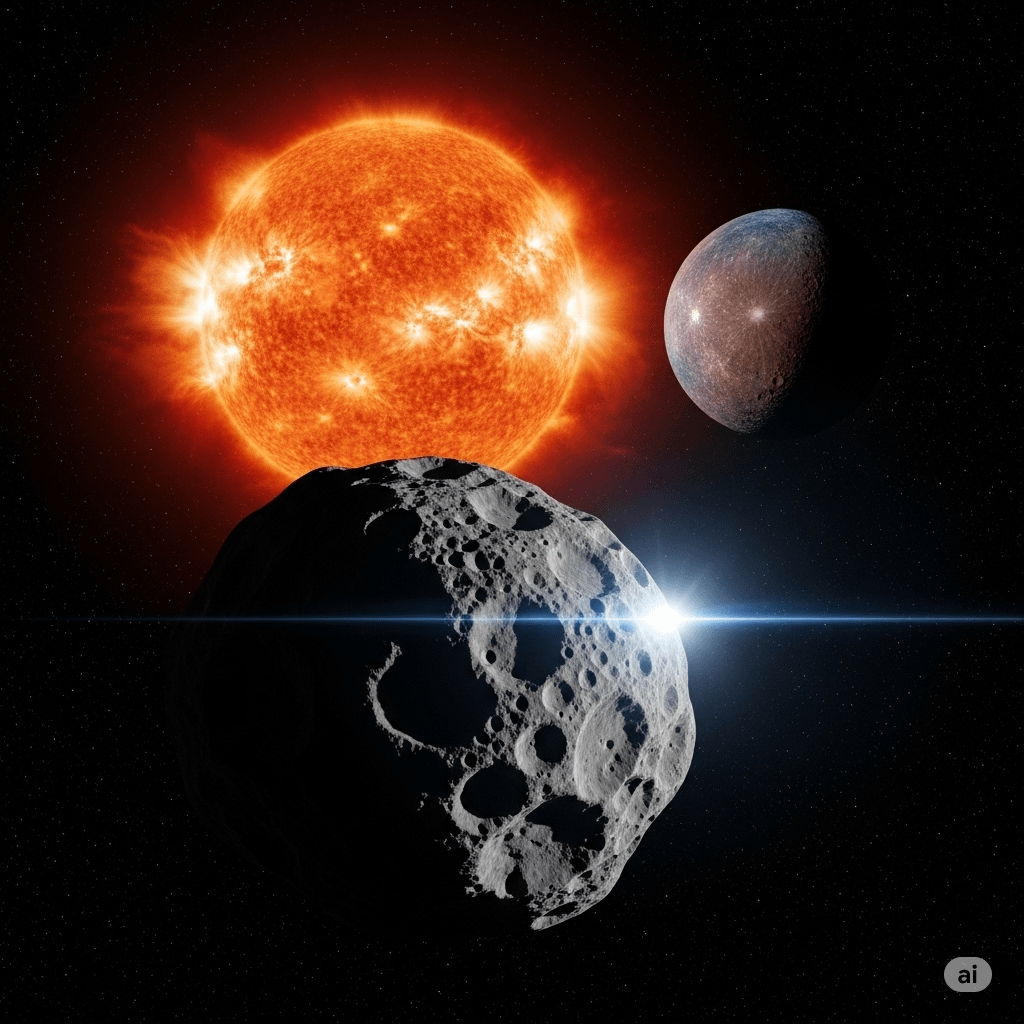 Astéroïde avec mercure en arrière plan et le soleil