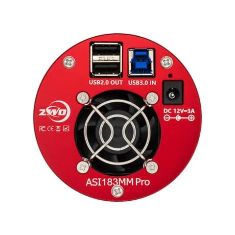 Caméra ASI 183 MC Pro Color ZWO rouge avec ports USB, ventilateur et connecteur alimentation 12V