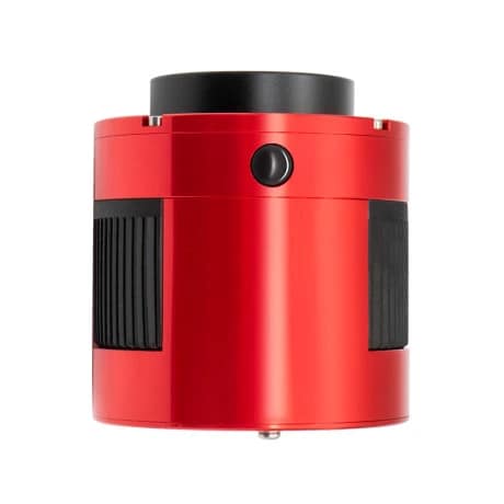 Caméra ASI 183 MC Pro Color ZWO rouge avec ports USB, ventilateur et connecteur alimentation 12V