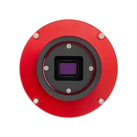 Caméra ASI 183 MC Pro Color ZWO rouge avec ports USB, ventilateur et connecteur alimentation 12V