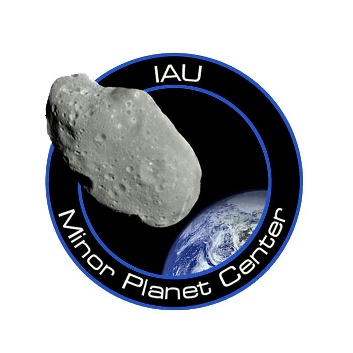 Logo IAU Minor Planet Center : cercle bleu avec astéroïde gris, Terre bleue, texte blanc