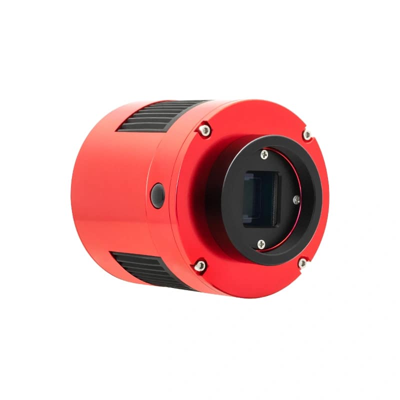 Caméra ASI 183 MC Pro Color ZWO rouge avec ports USB, ventilateur et connecteur alimentation 12V