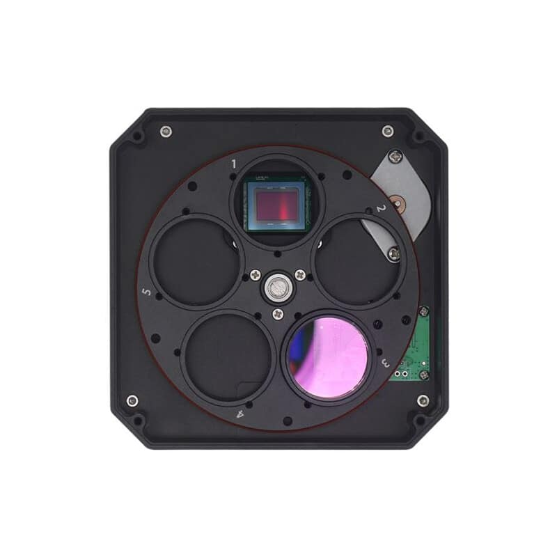 Caméra ASI 183 GT rouge et noire avec roue à filtres