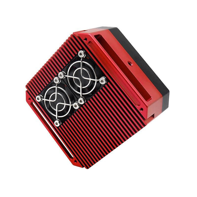 Caméra ASI 183 GT rouge et noire avec dissipateur thermique à ailettes et système de refroidissement