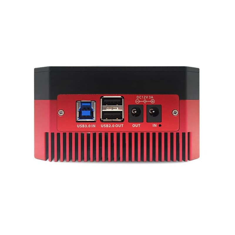 Caméra ASI 183 GT rouge et noire avec dissipateur thermique à ailettes et système de refroidissement