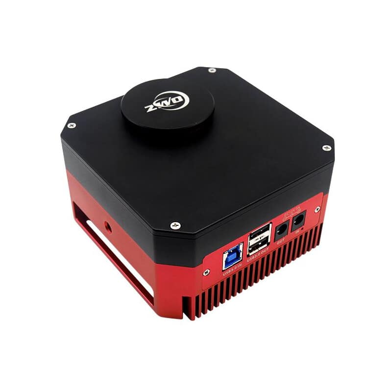 Caméra ASI 183 GT rouge et noire avec dissipateur thermique à ailettes et système de refroidissement